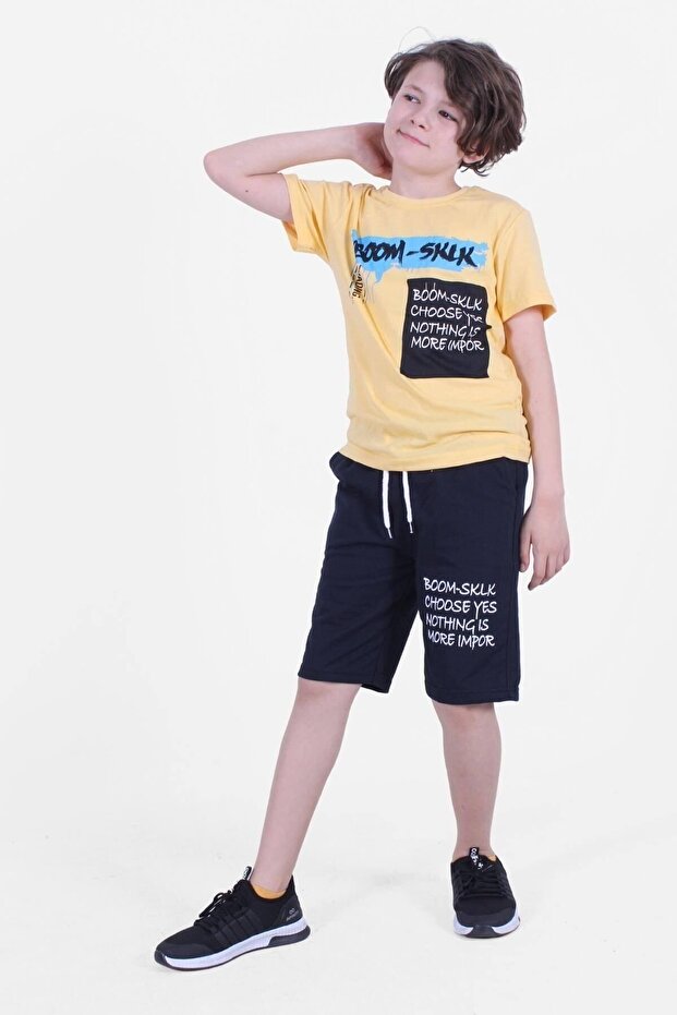 Boom Text Printed Capri Boy's Bottom-Top Yellow Set