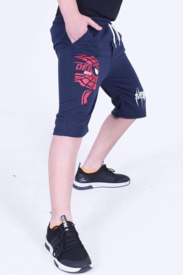 Der-Man Text Printed Wide Leg Double Pocket Boy's Navy Blue Capri