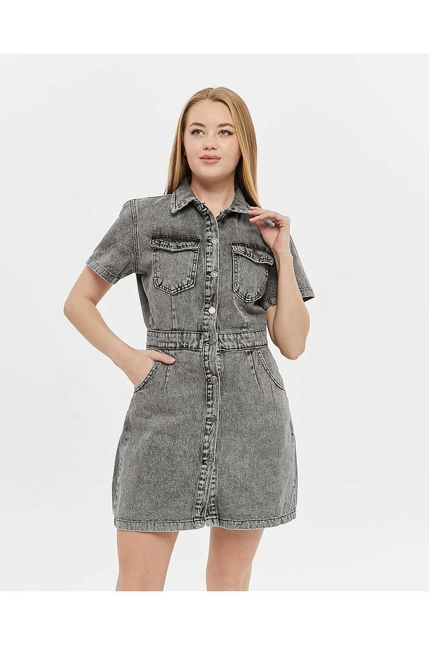 KN Ön Arka Pensli Denim Kar Siyah Kadın Kot Elbise - 4