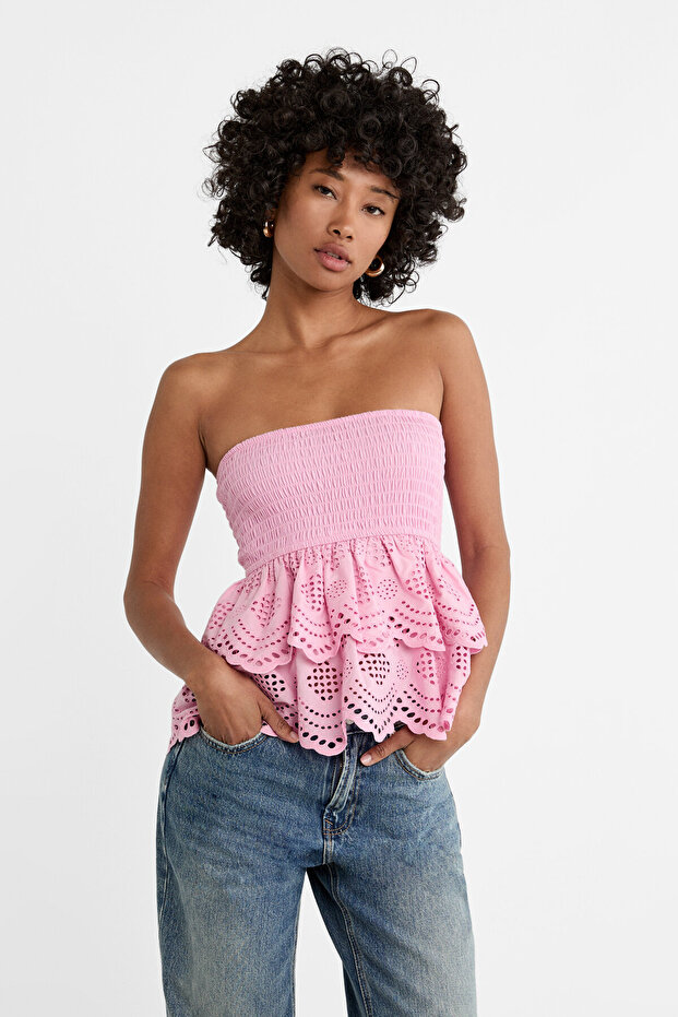 Embroidered Strapless Blouse - 1