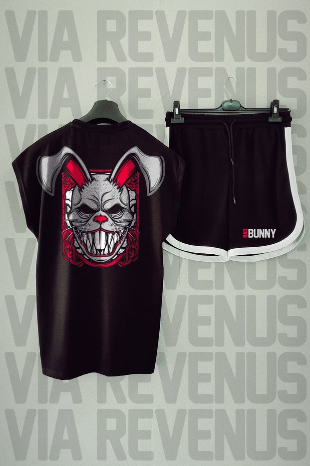 Bad Bunny Back Printed Sleeveless Crew Neck Black Sport T-Shirt and Black Sport Shorts Set