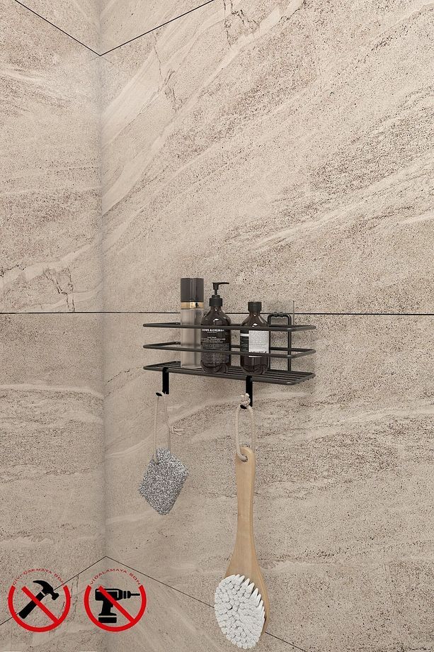 Yapışkanlı Kancalı Banyo Ve Mutfak Rafı Mat Siyah Banyo Duş Askısı - 1