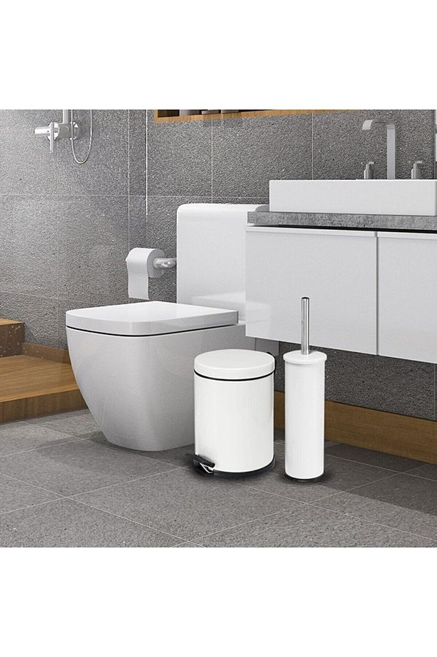 3 Litre Beyaz 2'li Banyo Seti Pedallı Çöp Kovası Wc Klozet Tuvalet Fırça Seti Banyo Çöp Kovası - 5