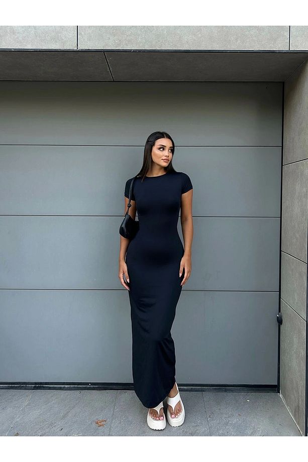Siyah Kısa Kollu Sandy Kumaş Uzun Elbise 120 Cm - 5