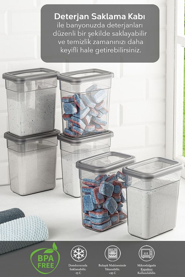 6'lı Etiketli Deterjan Saklama Kabı Seti - Hava Geçirmez Kapaklı Saklama Kutusu - 6 x 1100 ml - 2