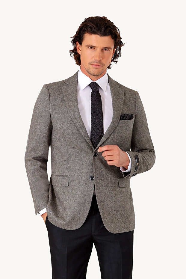 Erkek Gri Kışlık Yünlü Regular Fit Tek Ceket - 1