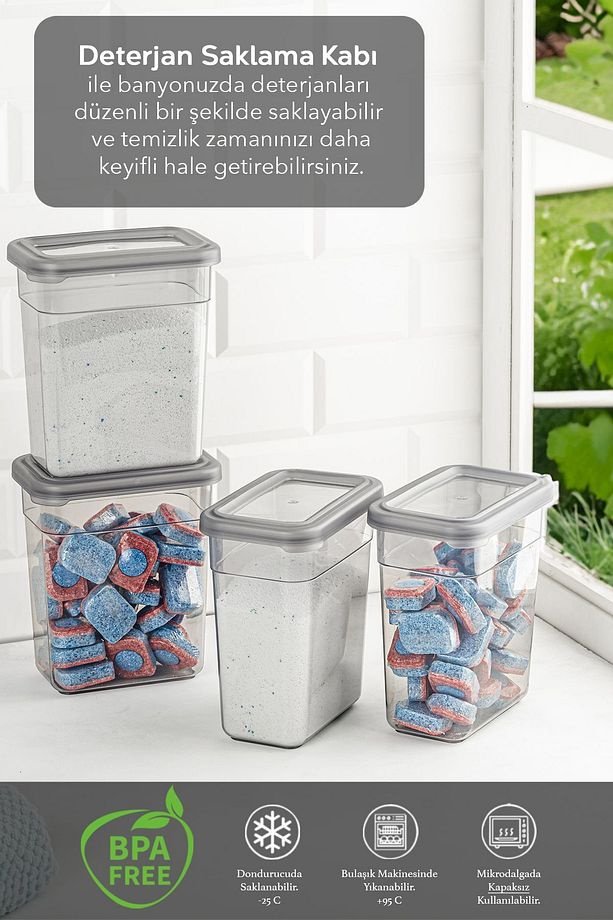 4'lü Etiketli Deterjan Saklama Kabı Seti - Hava Geçirmez Kapaklı Saklama Kutusu - 4 x 1100 ml - 2