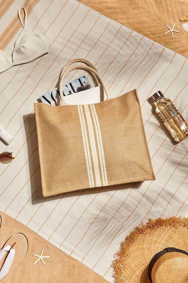 Natural Jute Shopping, Shoulder, Handle, Sea Beach Bag, Line Printed Straw Color 42X12X35