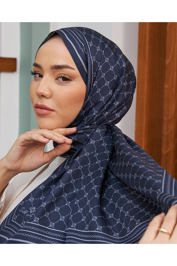 %100 Twill Ipek Monogram Şal - Lacivert-Gri - 5