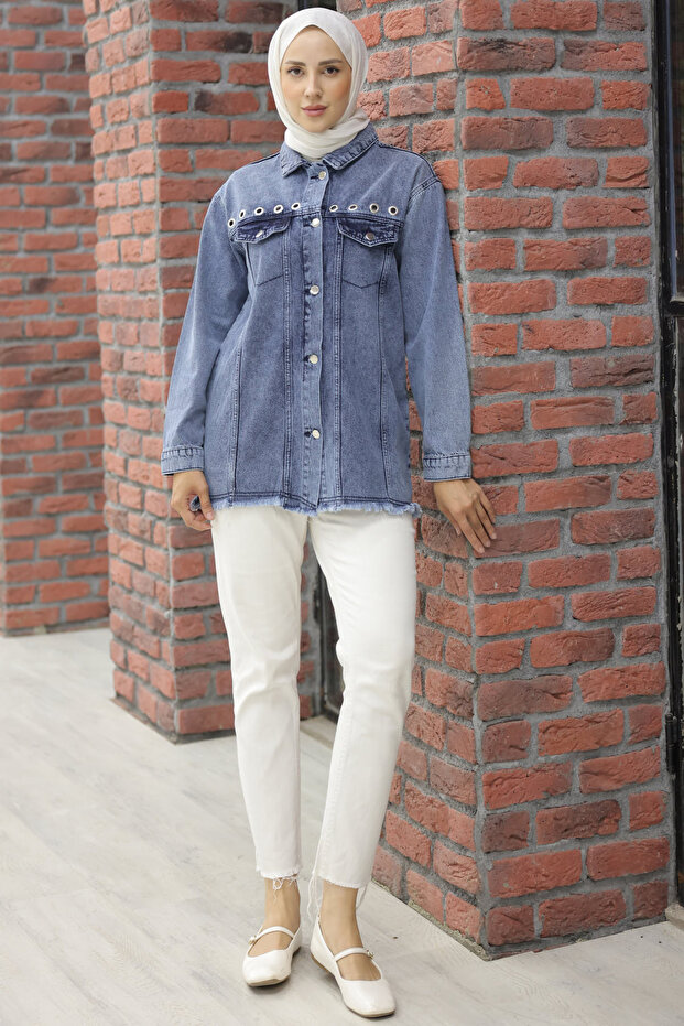 9744 Kuş Gözlü Kot Ceket Lacivert - 3