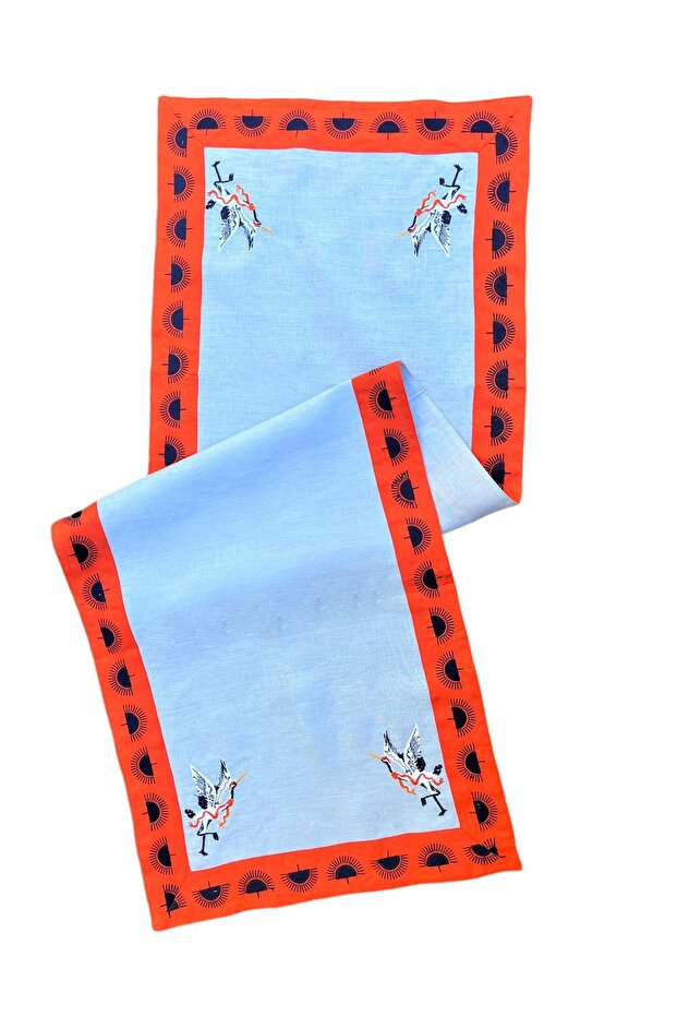 Turna Bird Embroidered Blue Linen Decorative Runner (1 Piece)