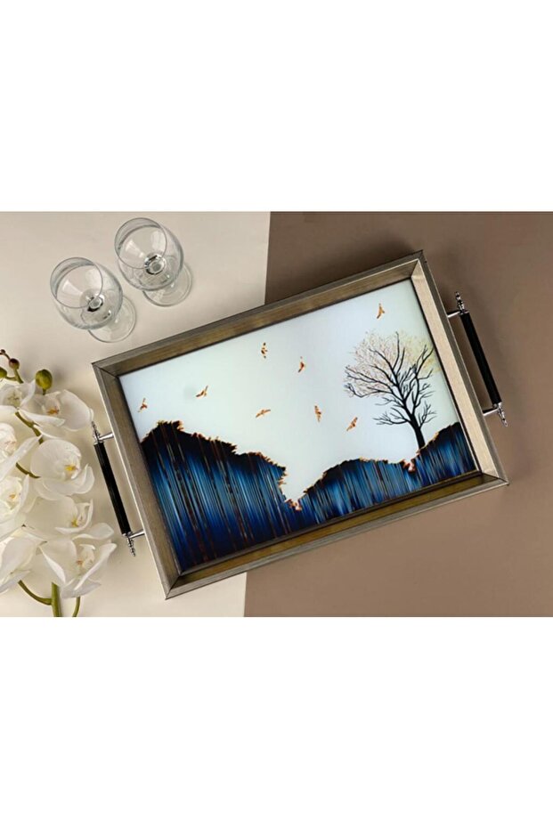 50x31cm Silver Tree Pattern Wooden/glass Tray with Handles G-1013