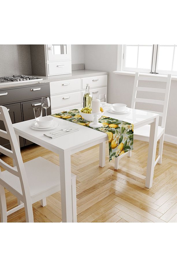 Yeşil Yapraklı Limonlu Desenli Dijital Baskılı Leke Tutmaz Dertsiz Dekoratif Runner 40x140cm - 3