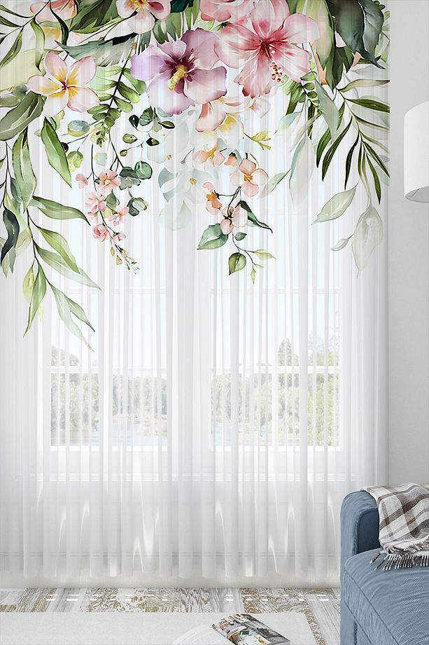 Renkli ÇiÇekler Desen Baskılı Dekoratif Salon Mutfak Tül Perde 140x260cm - 1
