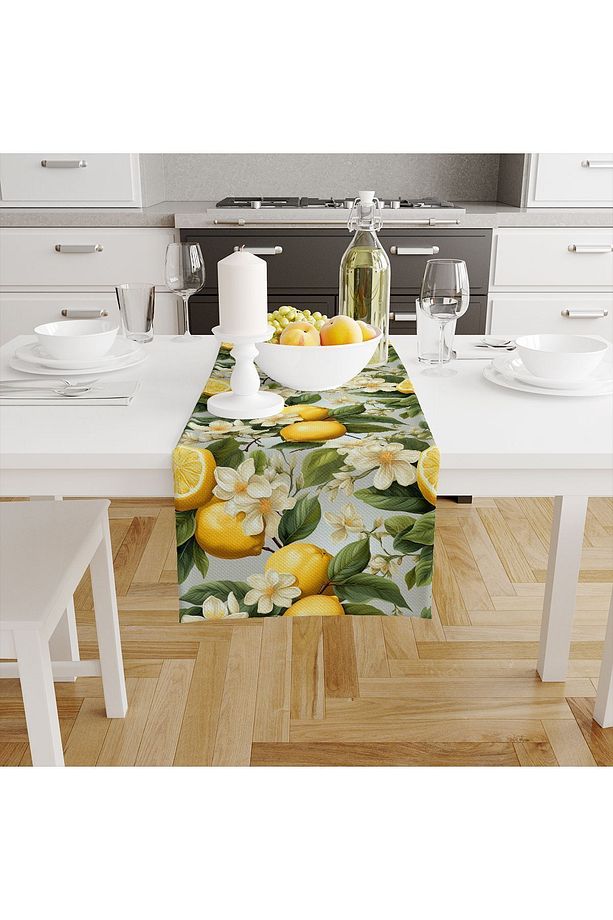 Yeşil Yapraklı Limonlu Desenli Dijital Baskılı Leke Tutmaz Dertsiz Dekoratif Runner 40x140cm - 5