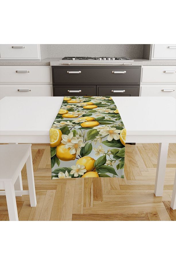 Yeşil Yapraklı Limonlu Desenli Dijital Baskılı Leke Tutmaz Dertsiz Dekoratif Runner 40x140cm - 4