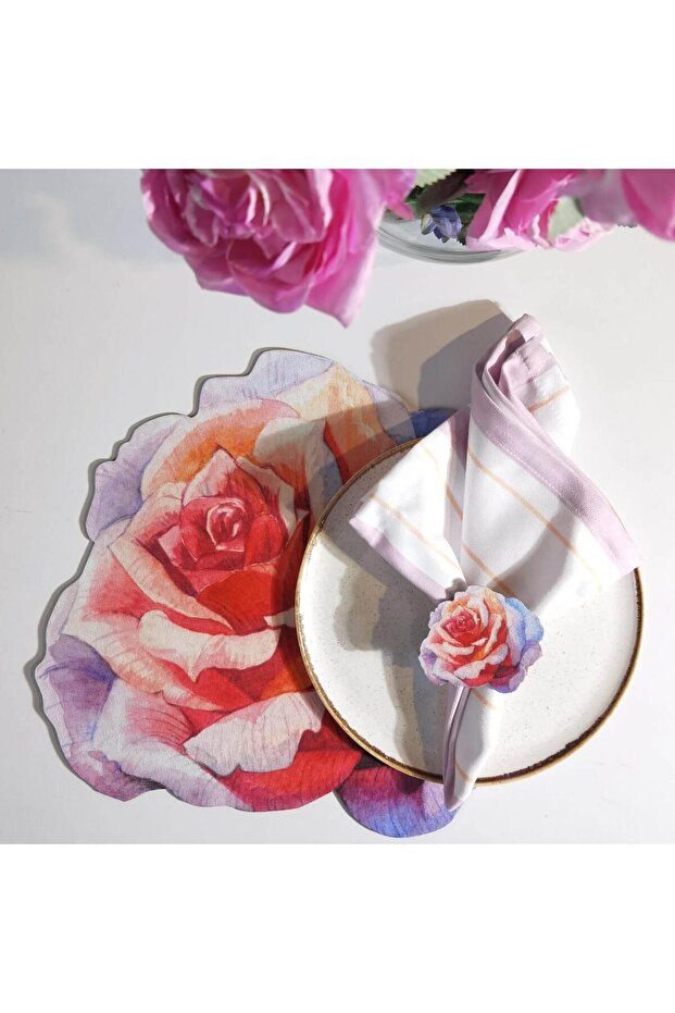 12 Piece Patterned Serving Set - 4 Plates, 4 Napkin Rings, 4 Serving Napkins, American Serving, Runner