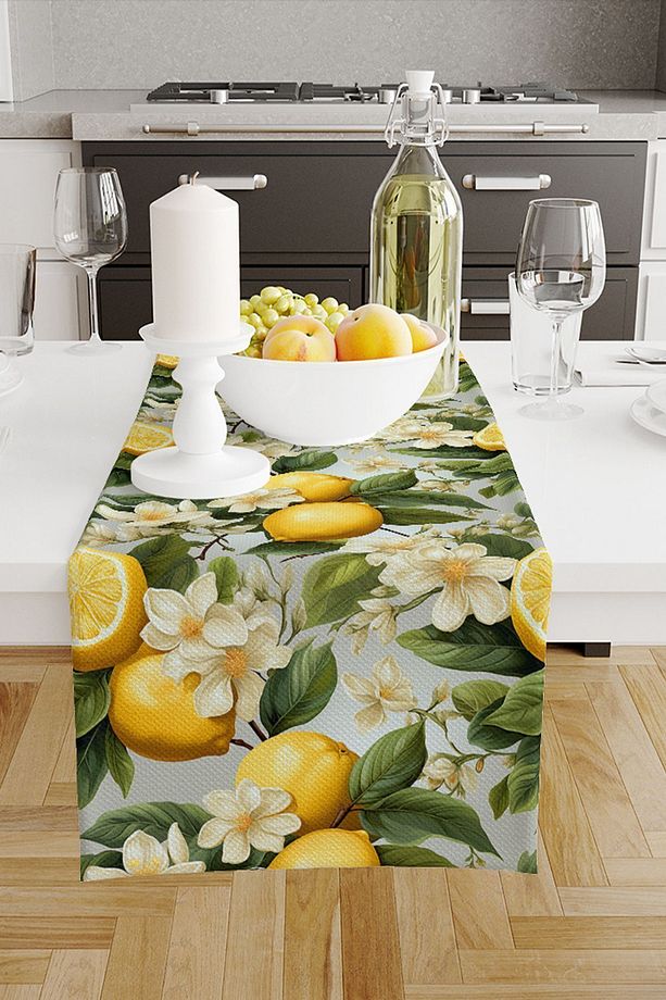 Yeşil Yapraklı Limonlu Desenli Dijital Baskılı Leke Tutmaz Dertsiz Dekoratif Runner 40x140cm - 1