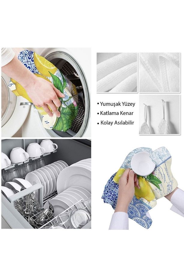 Mavi Sarı Limon Desenli Mikrofiber Mutfak Havlusu Kurulama Bezi Su Emici El Yüz Havlusu - 4
