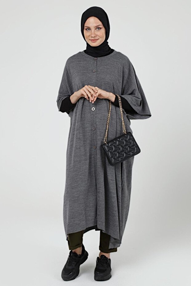 Women's Buttoned Long Loose Winter Knitwear Poncho 4253