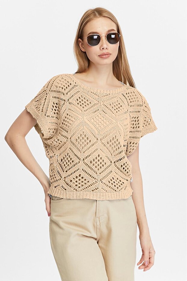 Women's Camel Standard Size Perforated Cotton Knitwear Blouse