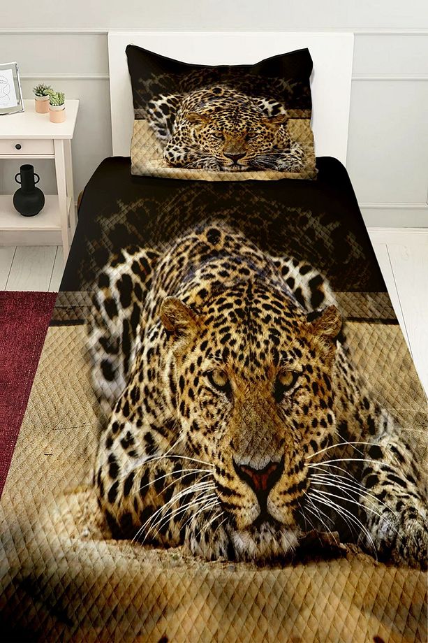 Leopar  Desenli Baskılı Dekoratif Yatak Örtüsü Tek Kişilik Yastıklı Pike Takımı - 1
