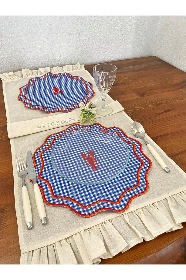 Istakoz Nakışlı Mavi Beyaz Pötikareli Supla - 35x35 cm 2 Adet - 1