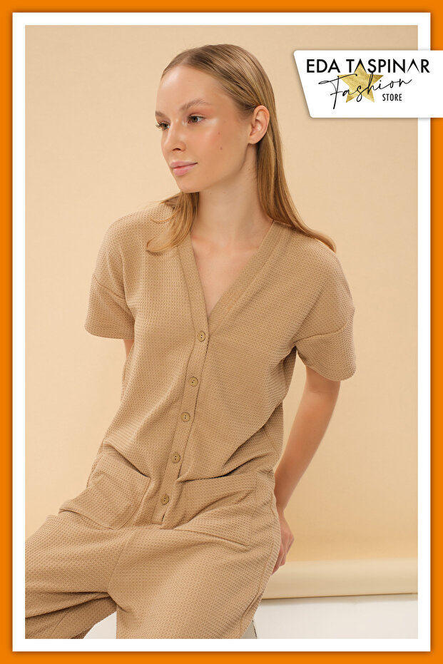 Buttoned Cotton Woven Jumpsuit Home Wear TEKS-00039