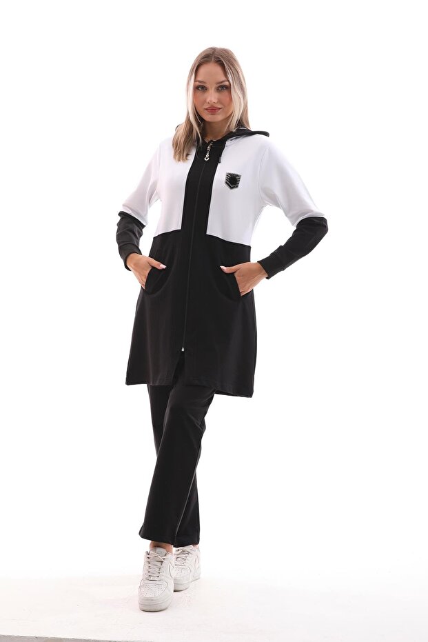 Tesettür Günlük Armalı Color Block Tracksuit Set - White
