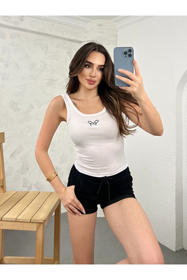 Women's White Butterfly Embroidered Tank Top Bodysuit