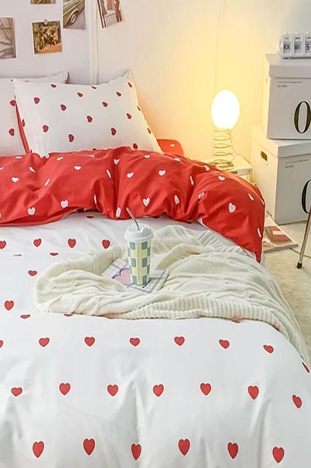 Kırmızı Kalpli Çift Taraflı Kırmızı Kalpler Pamuk Saten Tek Kişilik Nevresim Takımı - 3