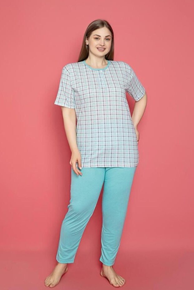 X-Dreamy Large Size Cotton Patterned Buttoned Collar Pajama Set