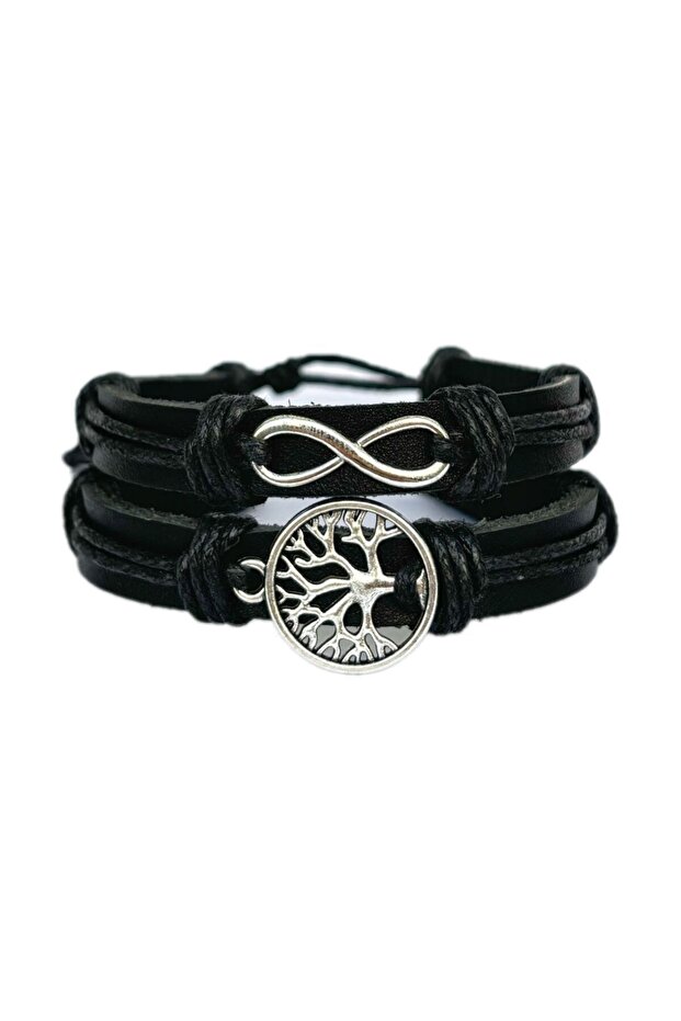 Tree of Life Infinity Figured 2-Piece Handmade Genuine Leather Bracelet