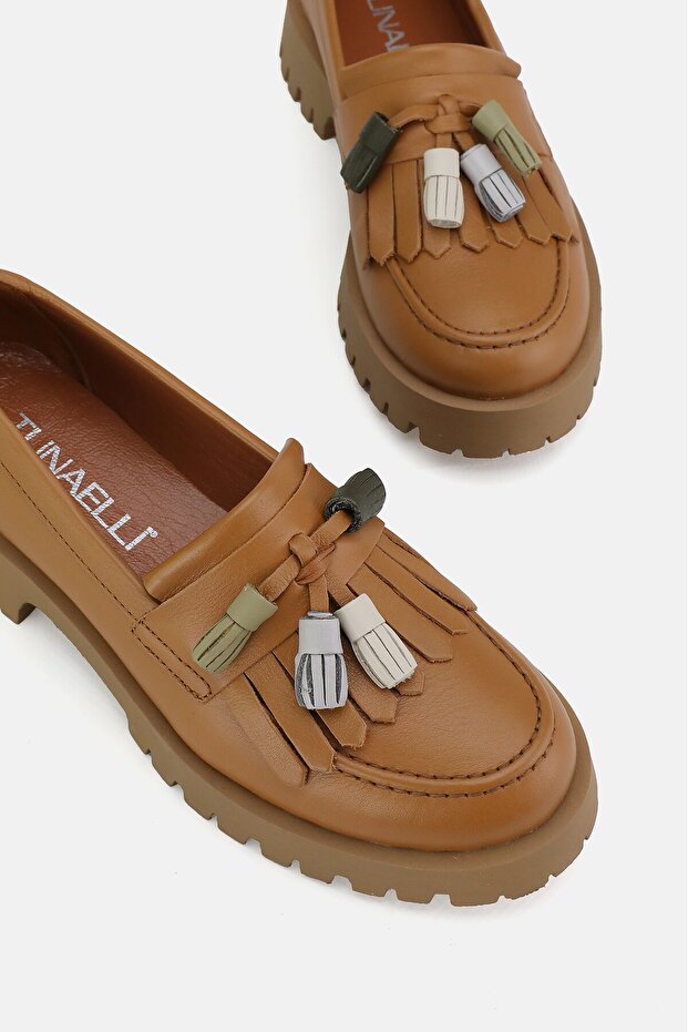 Women's Taba Genuine Natural Leather Size 36-41 Tassel-Decorated Loafer Shoes