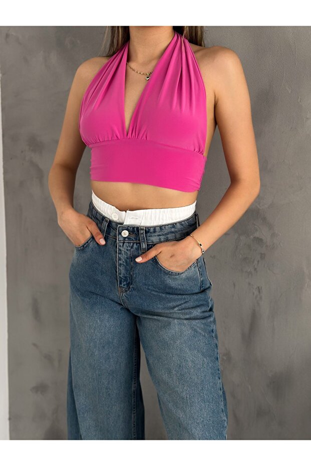 Women's V-neck Backless Halter Neck Sandy Crop Blouse Blz6225