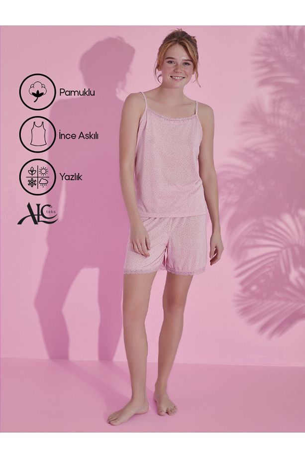 Puantiyeli Pembe Renklerinde Şortlu Yazlık Pamuklu Alt Üst 2'li Kadın Pijama Takımı - 1
