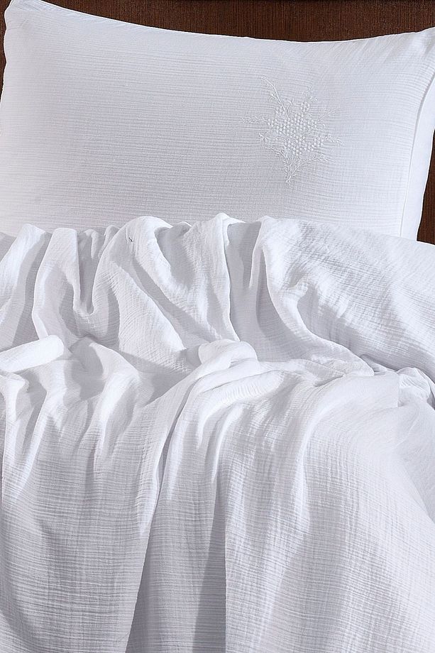 Nakışlı 2 Parça Müslin Pike Yatak Örtüsü Ve Yastık Kılıfı Seti - Soft Tek Kişilik Müslin Pike Set - 2
