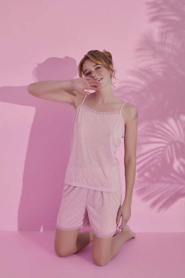 Puantiyeli Pembe Renklerinde Şortlu Yazlık Pamuklu Alt Üst 2'li Kadın Pijama Takımı - 2