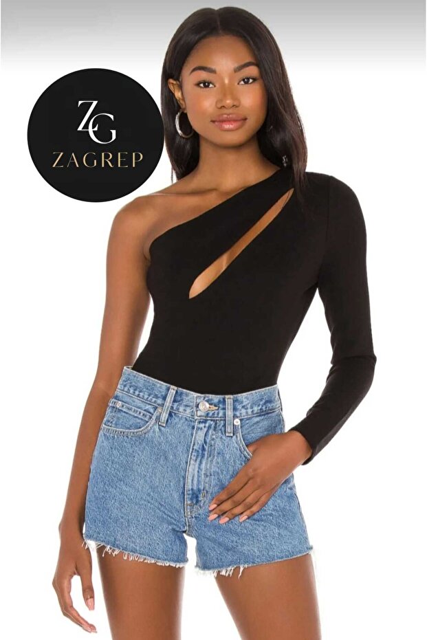 Women's Black Front Slit One Sleeve Off Shoulder Silk Jersey Bodysuit