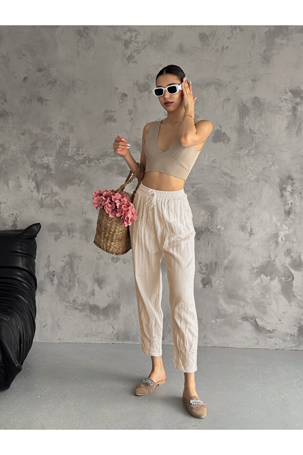Beige High Waist Summer Linen Trousers with Leg Detail