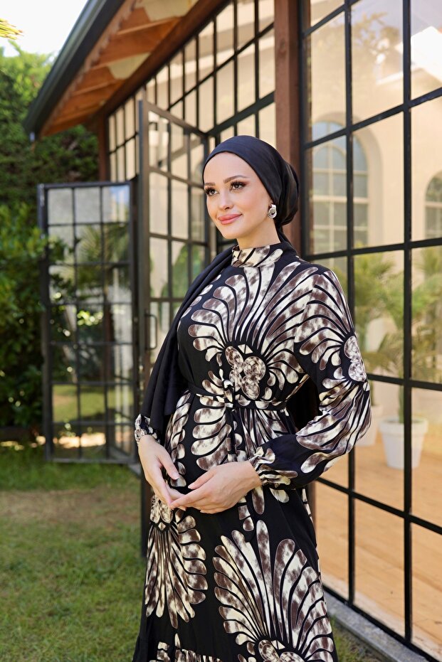 Women's Wind Rose Reactive Print High Collar Long Sleeve Hijab Dress Black