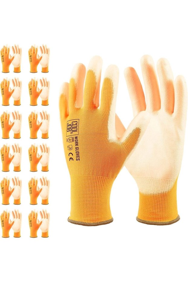 Polyester Örme Inşaat Ve Işçi Eldiveni Nitril, Sarı- Beyaz, (6 Çift)