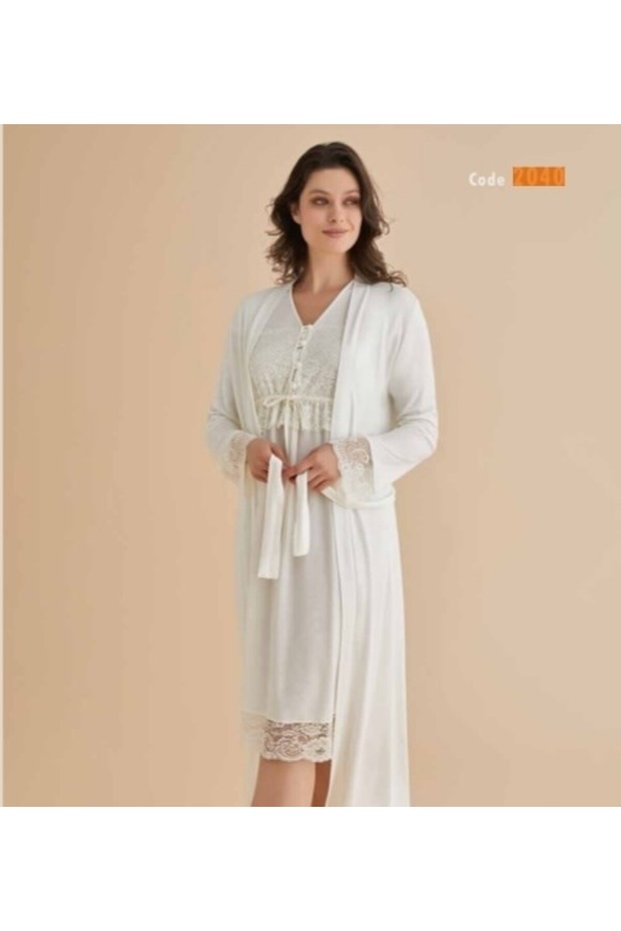 2040 Sleeves and Skirt with Lace Detail, Front Buttoned Cotton Luxury Maternity Nightgown and Dressing Gown Set