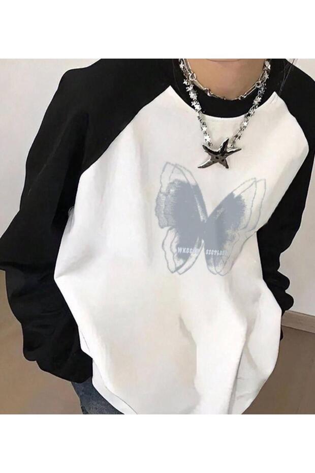 Butterfly Detail Raglan Long Sleeve White T-Shirt