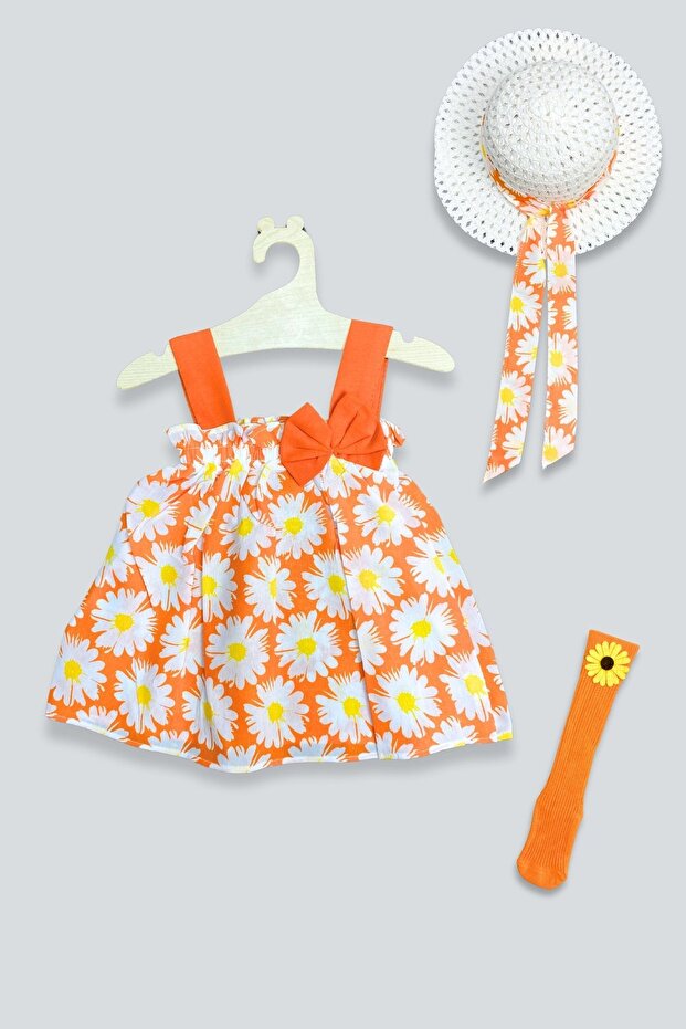 Floral Patterned Dress with Hat and Knee-Length Floral Socks Set
