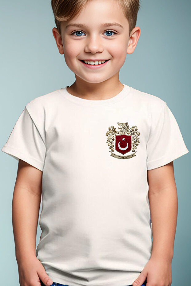 Bozkurt Symbol Turkey and Turkish Flag Wolf Printed 100% Cotton Children's White T-Shirt