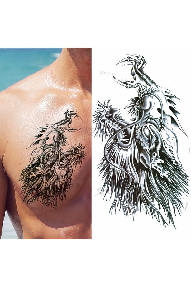 geçici dövmeler erkekler yetişkinler için kurt ejderha  TATTOO etiket göğüs kol su geçirmez dövmeler - 3