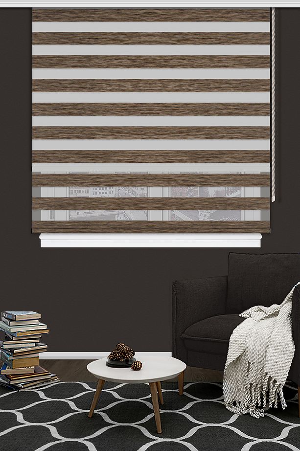 Çift Mekanizmalı Açık Kahve Zebra Stor Perde İZ 125e V03 - 2
