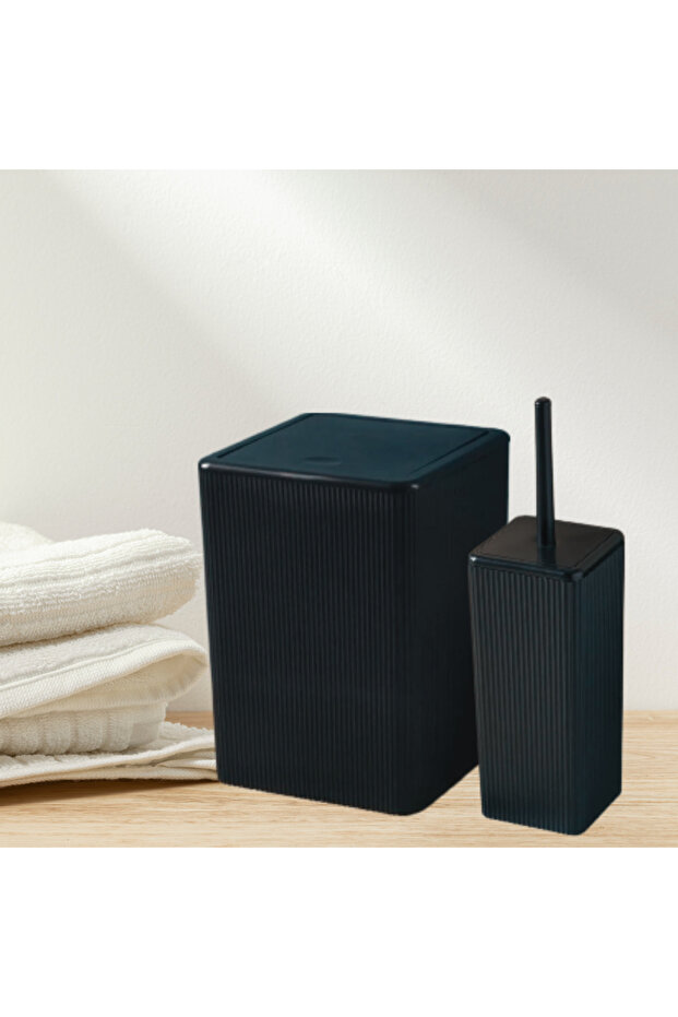 Square Trash Can & Toilet Brush Black Double Line Model Bathroom Set