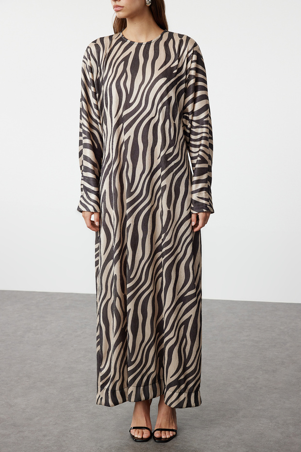 Bej Krinkle Örme Animal Zebra Desenli Elbise TCTSS24EB00284 - 4